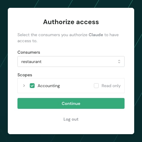 Chift OAuth consent screen: choosing a consumer and the scopes to grant to an MCP client
