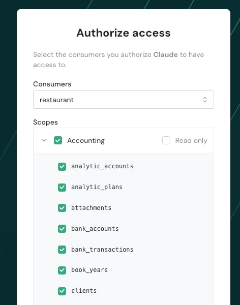 Scope selection for a vertical, expanded to show per-entity read and write toggles