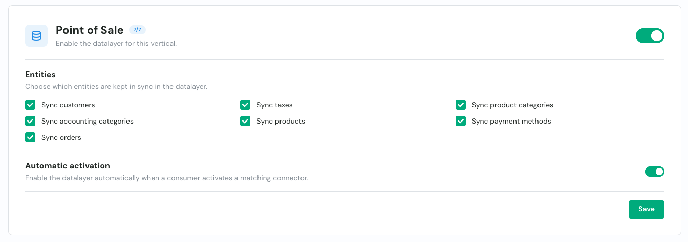 The data layer settings page showing a Point of Sale card with the data layer enabled, a checklist of entities to sync (customers, taxes, product categories, accounting categories, products, payment methods, orders) and automatic activation turned on