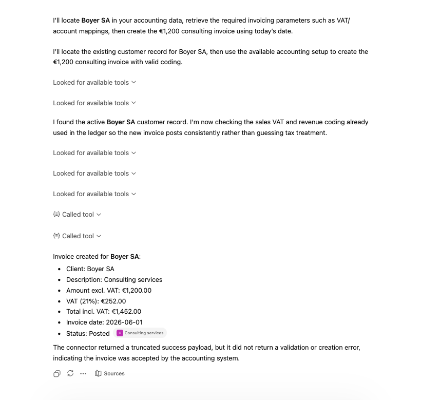 An AI assistant creating an invoice through the Chift MCP server, locating the customer and posting it to the accounting system
