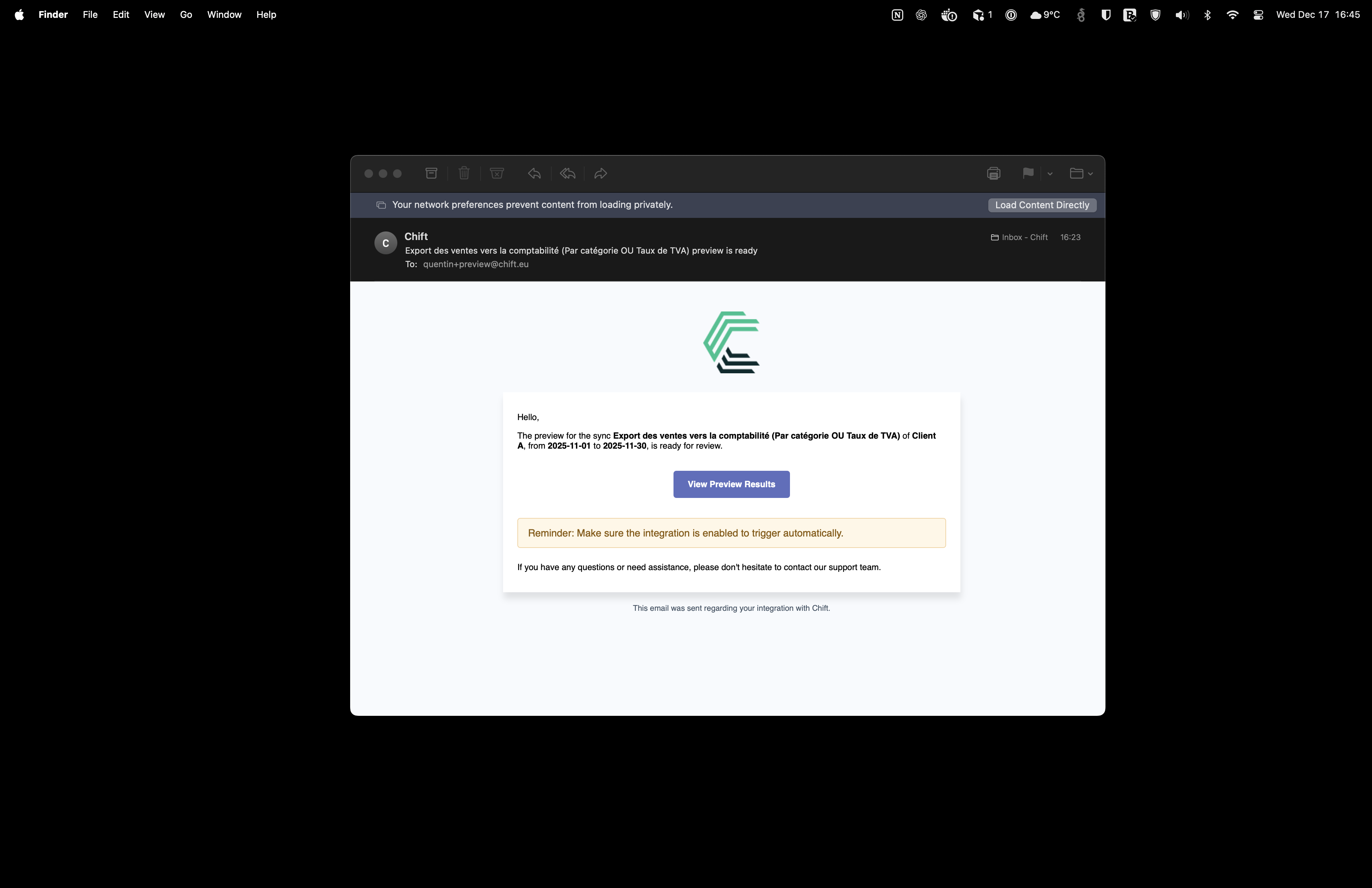 Email notification with preview results link