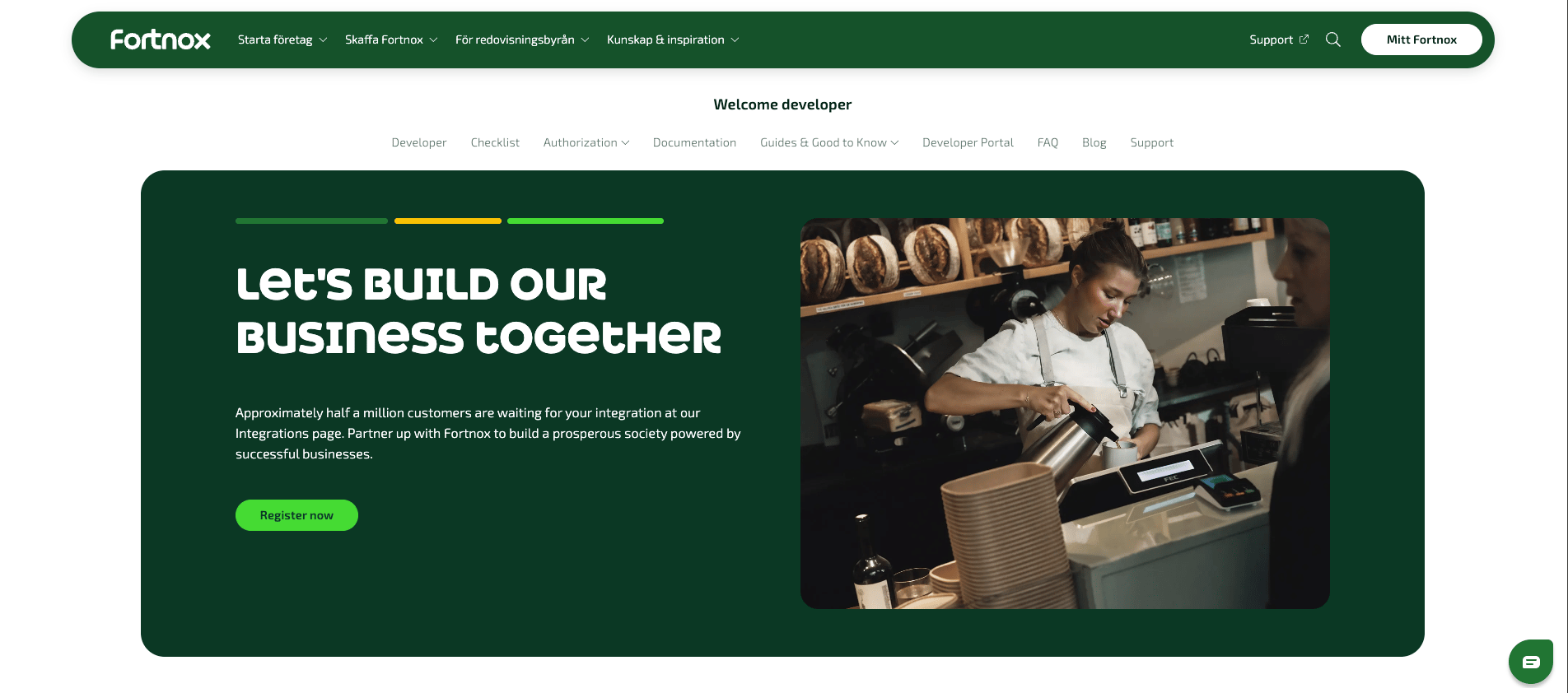 Fortnox developer landing page with the Register now button