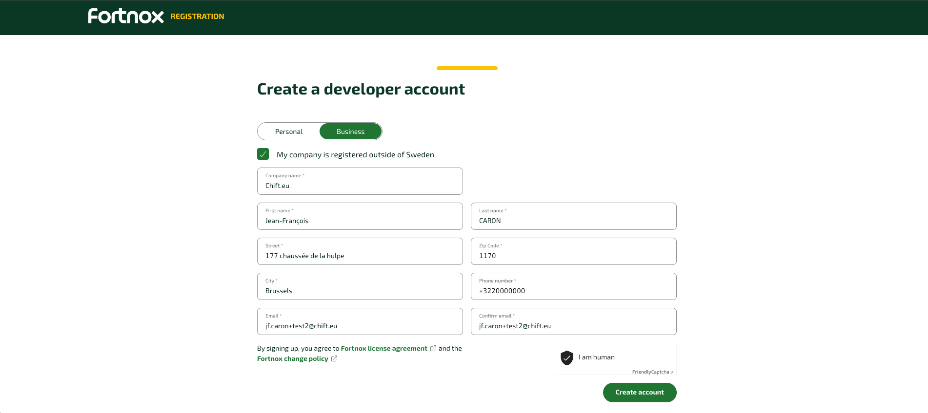Create a developer account form with the outside-Sweden option checked