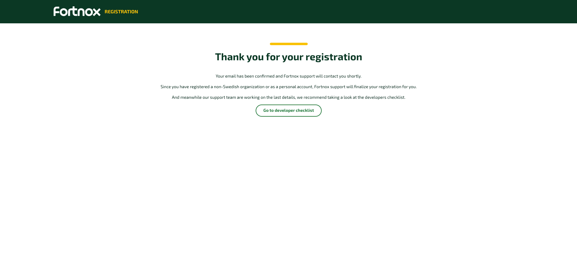 Email confirmed page explaining Fortnox support will finalize the registration
