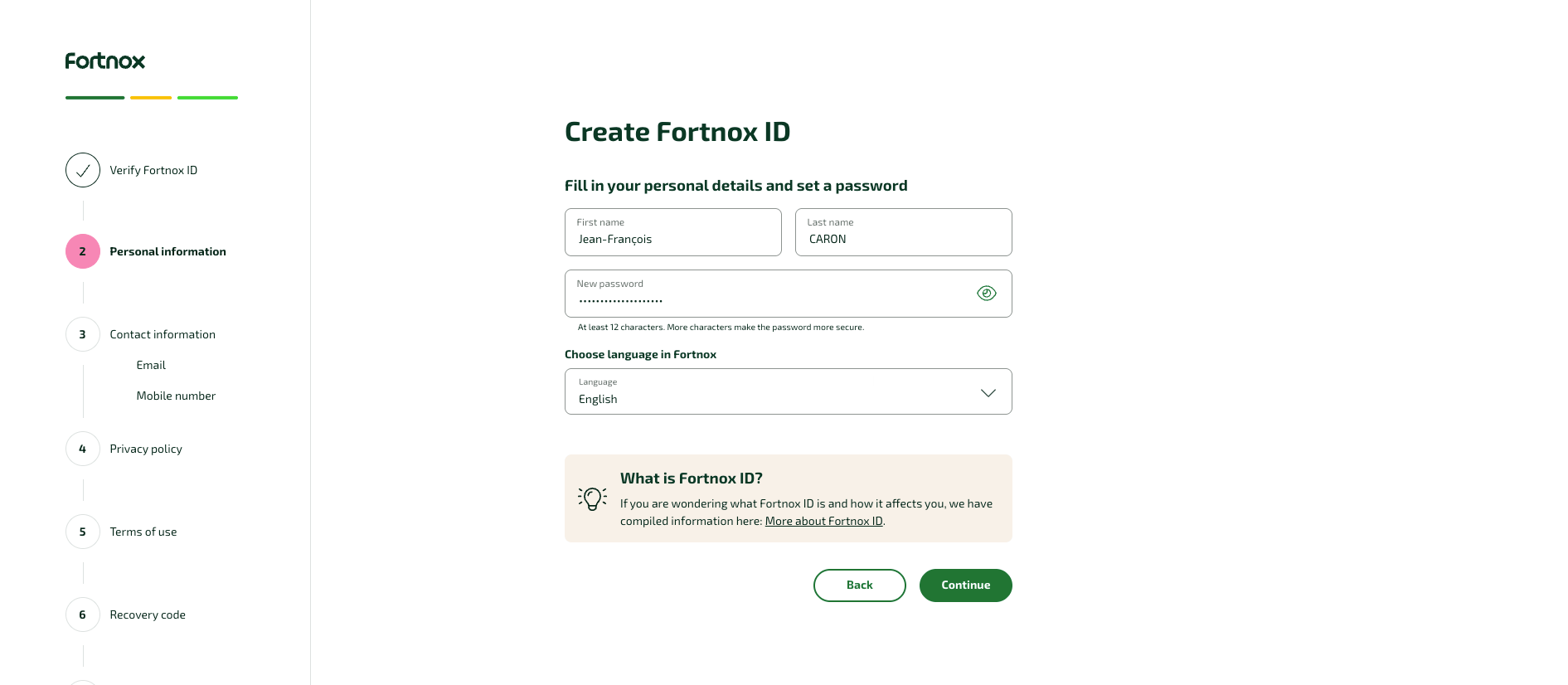Personal information step with password and language fields