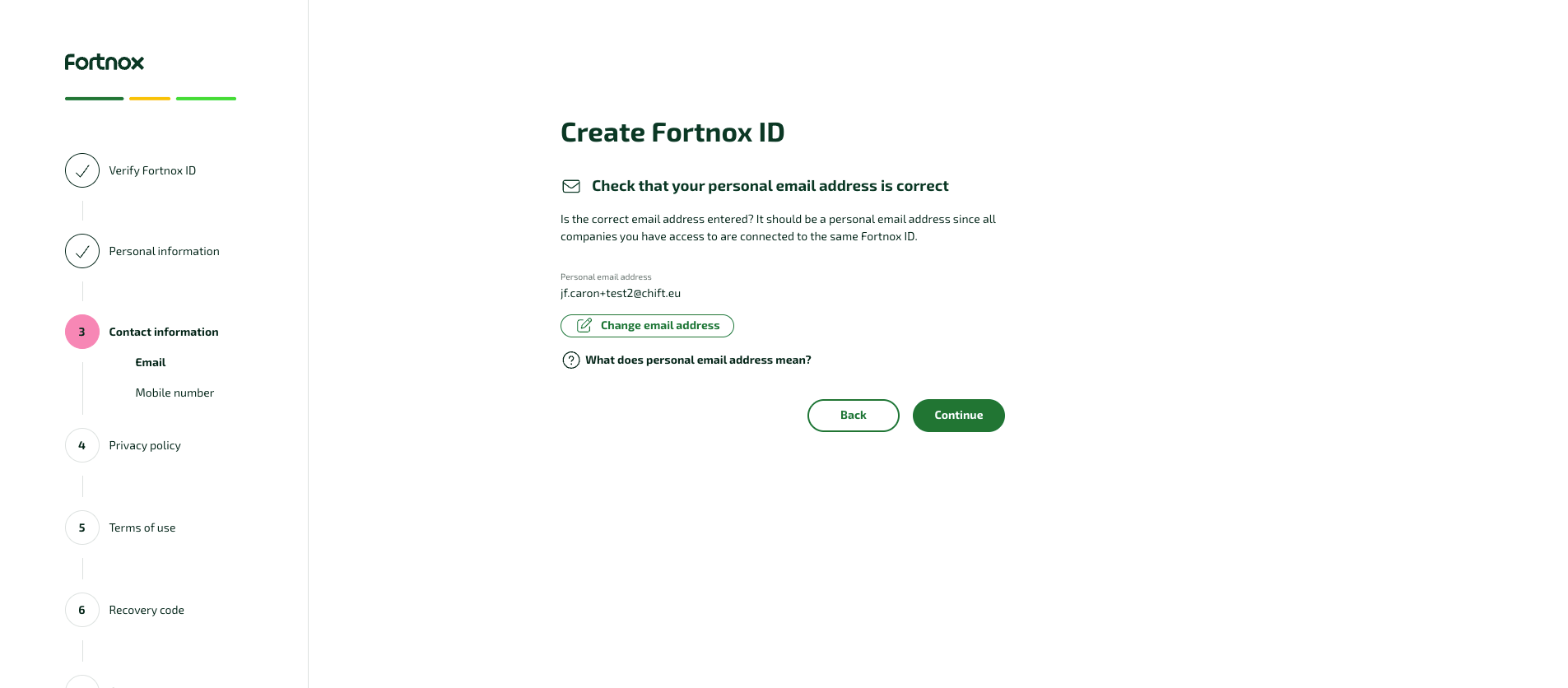 Contact information – email confirmation step