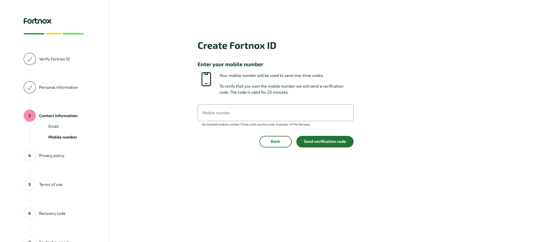 Contact information – mobile number step