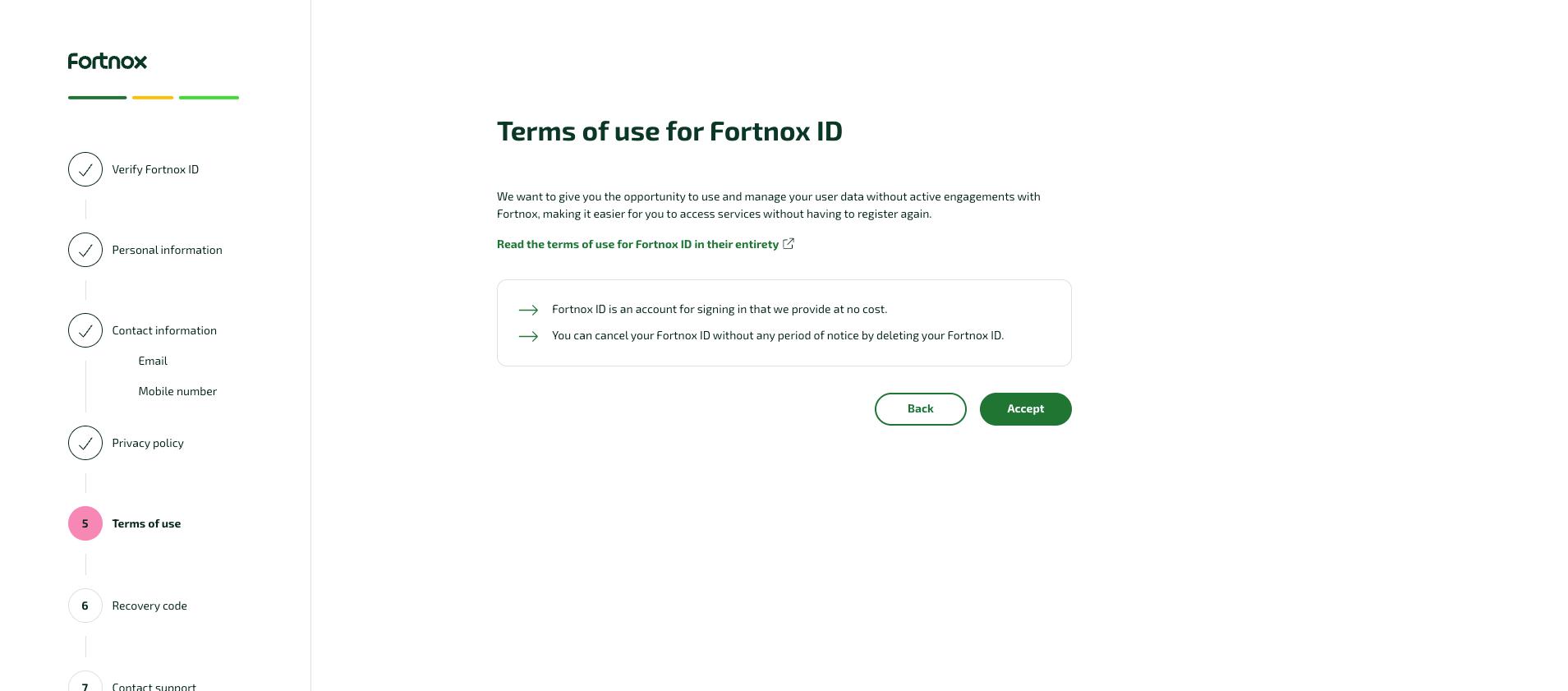 Terms of use for Fortnox ID step