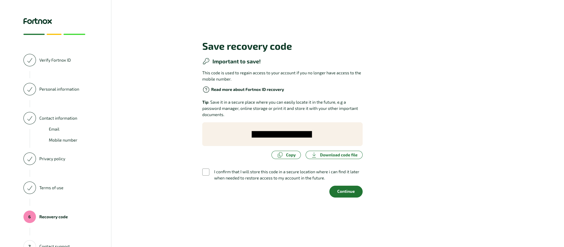 Save recovery code step