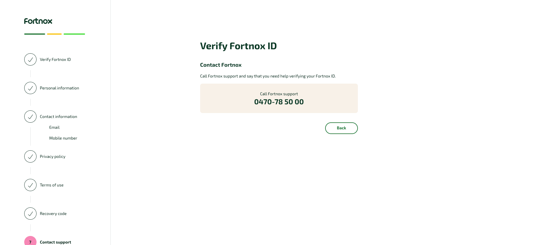 Contact support step showing the Fortnox support phone number
