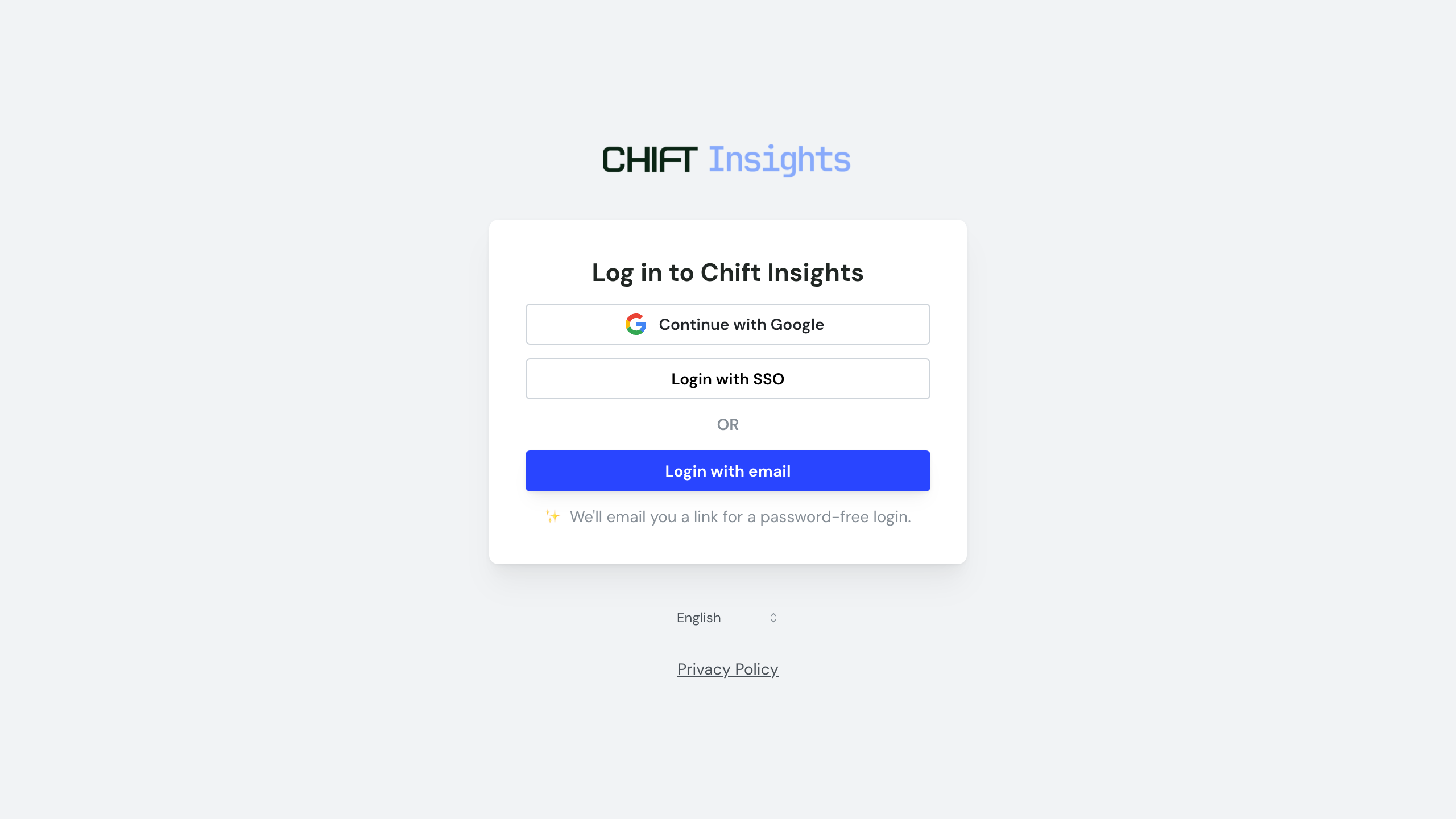 The Chift page an assistant opens on first connection, headed Log in to Chift Insights, offering Google, SSO or email