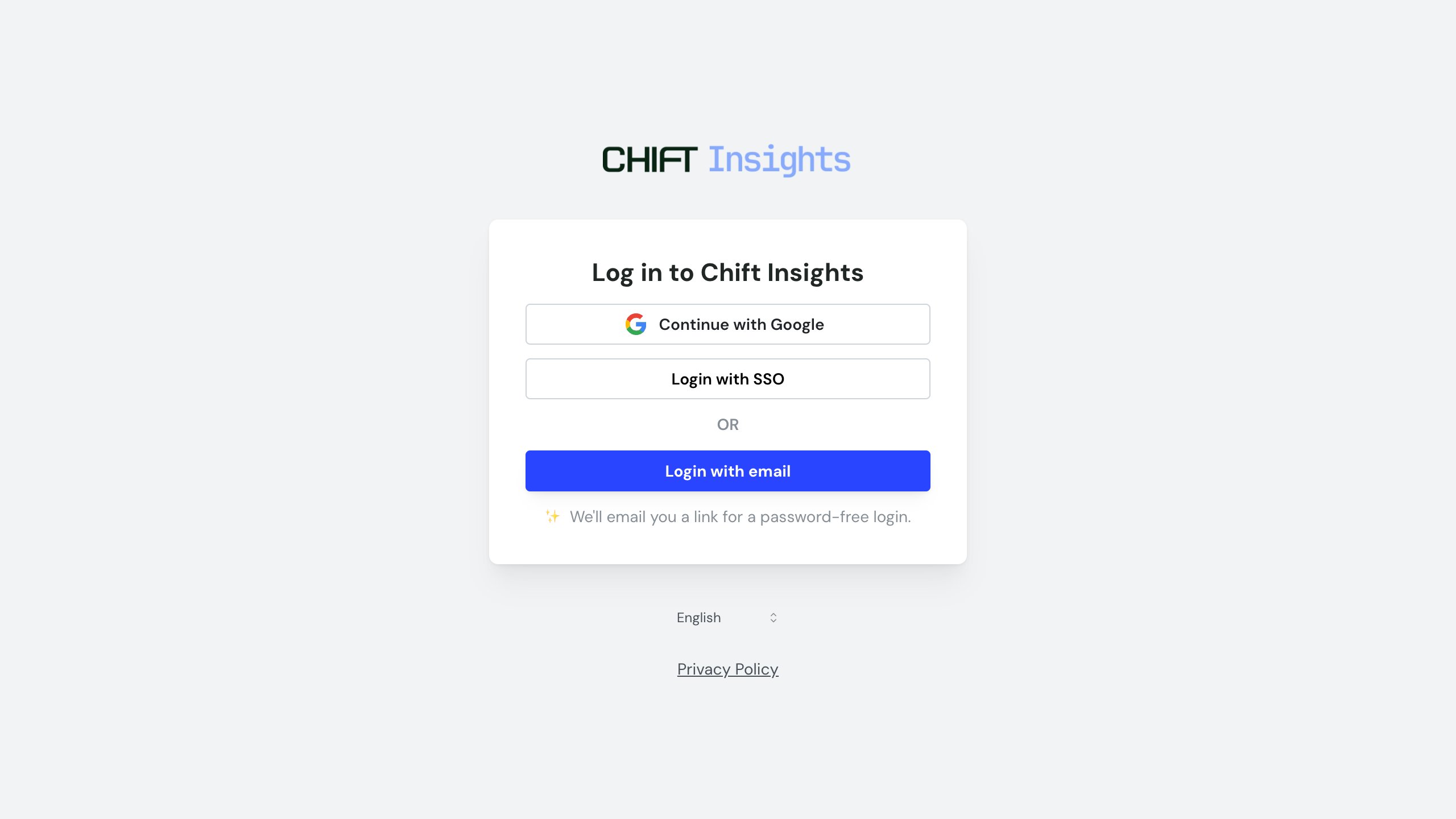 The Chift page an assistant opens on first connection, headed Log in to Chift Insights, offering Google, SSO or email