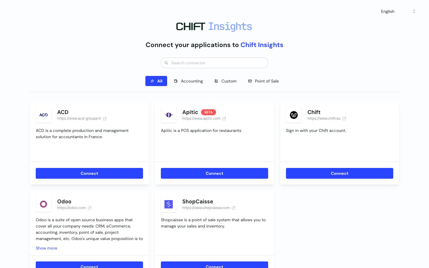The Chift Insights connector catalogue, with a search box, category tabs and a Connect button on each application