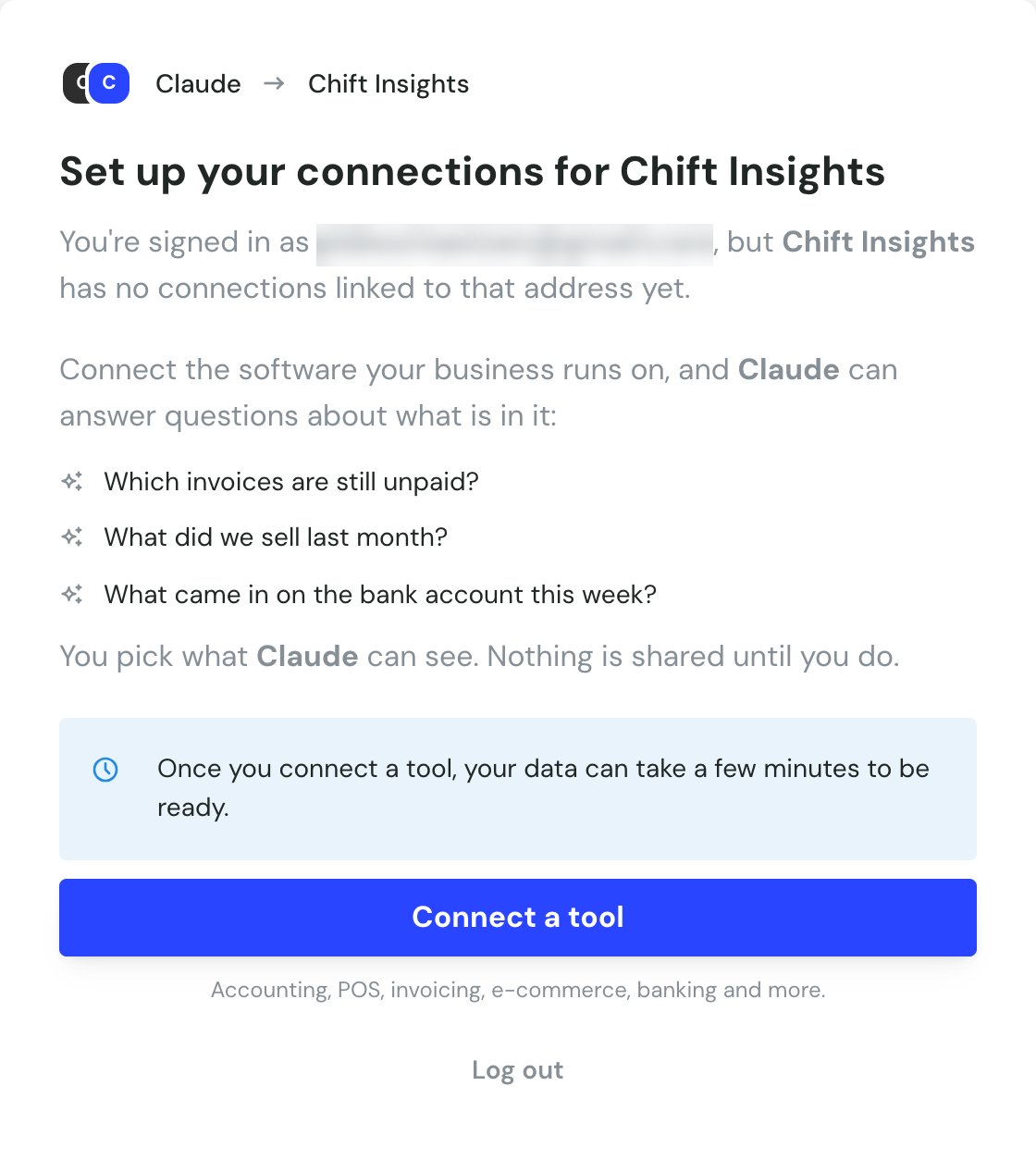 The Chift Insights set-up card naming the assistant it will answer through, with three example questions and a Connect a tool button