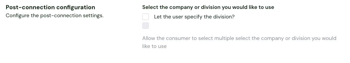 The Let the user specify the division? setting in the Post-connection configuration of the Chift Exact Online connector settings