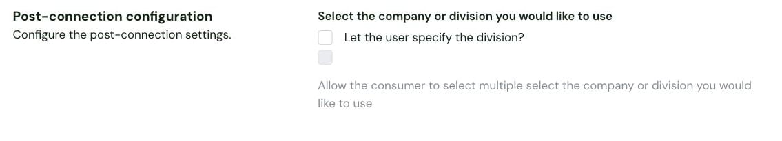 The Let the user specify the division? setting in the Post-connection configuration of the Chift Exact Online connector settings