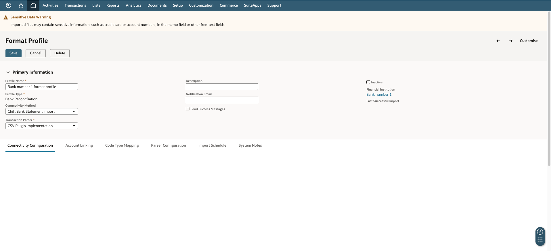 The Format Profile form, with Bank Reconciliation as profile type, Chift Bank Statement Import as connectivity method and CSV Plugin Implementation as transaction parser