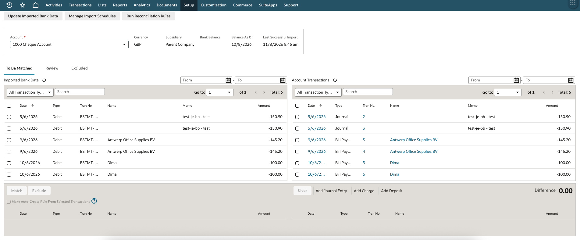 The To Be Matched tab of Match Bank Data, with imported bank lines on the left and NetSuite account transactions on the right