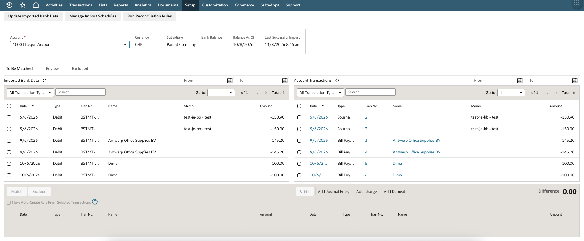 The To Be Matched tab of Match Bank Data, with imported bank lines on the left and NetSuite account transactions on the right