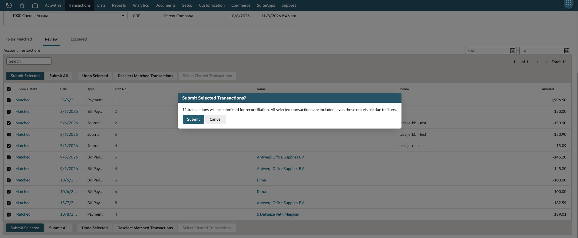 The Review tab of Match Bank Data, with matched lines selected and the Submit Selected Transactions confirmation