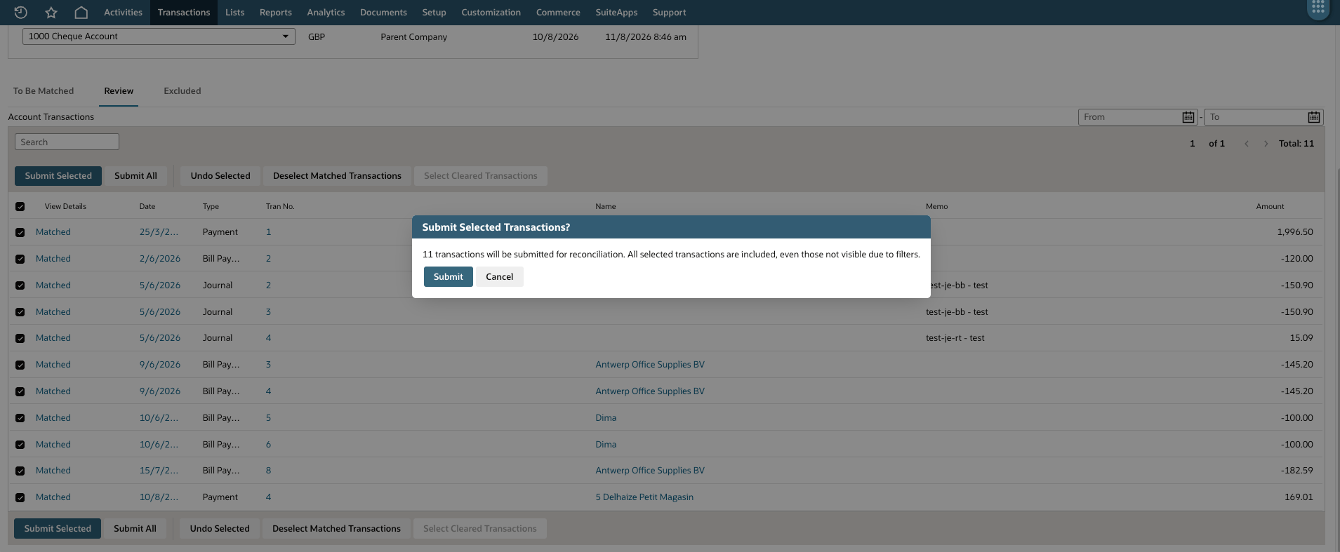 The Review tab of Match Bank Data, with matched lines selected and the Submit Selected Transactions confirmation