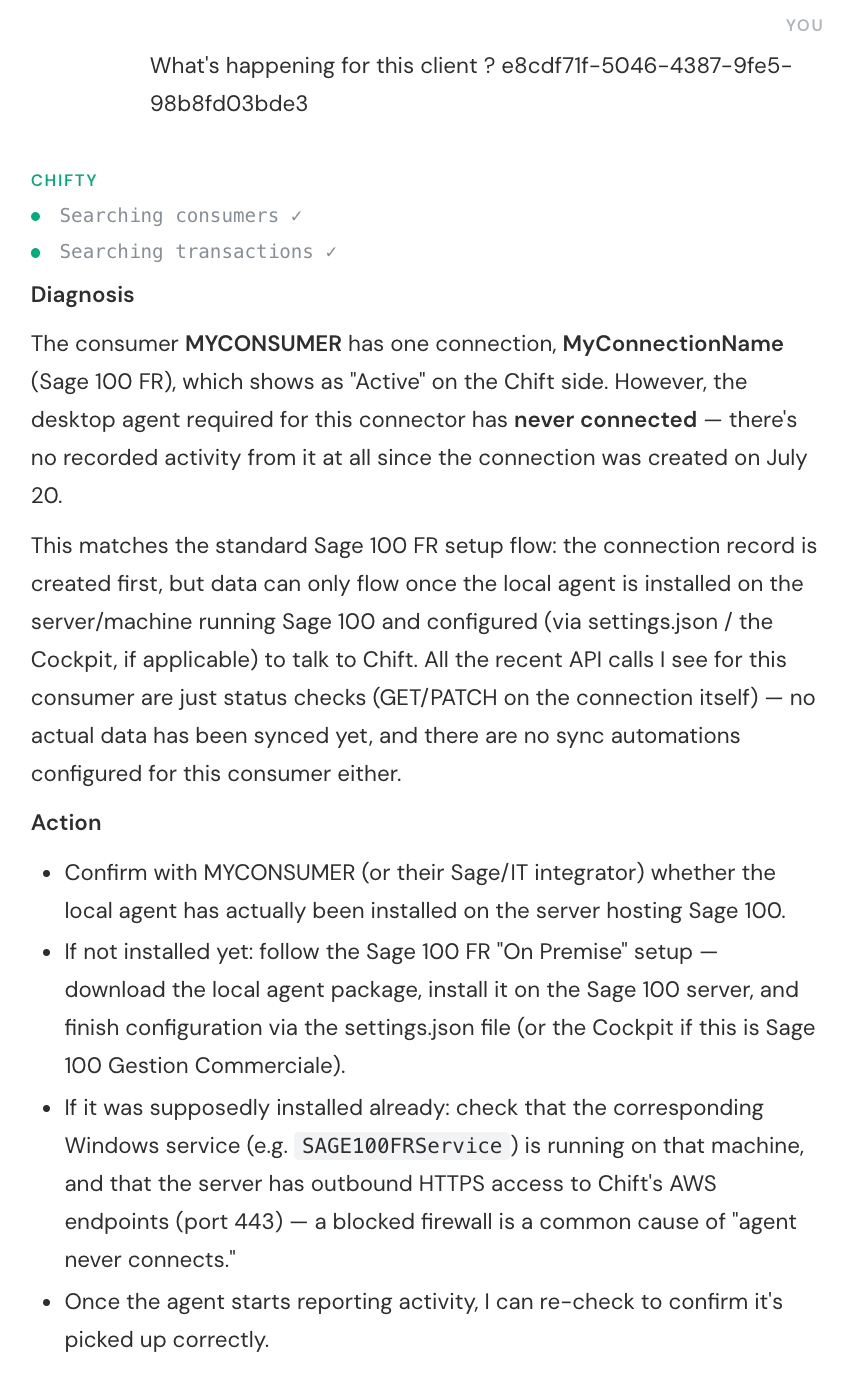A full Chifty conversation: a connection that looks active, a local agent that never connected, and the setup steps to fix it