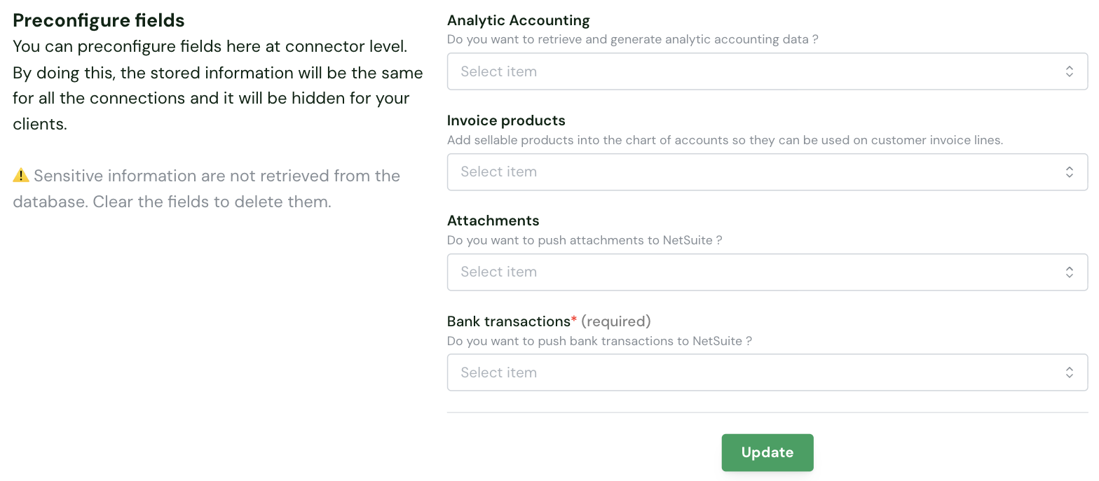 The NetSuite preconfigure fields in the Chift connector settings: Analytic Accounting, Invoice products, Attachments and Bank transactions