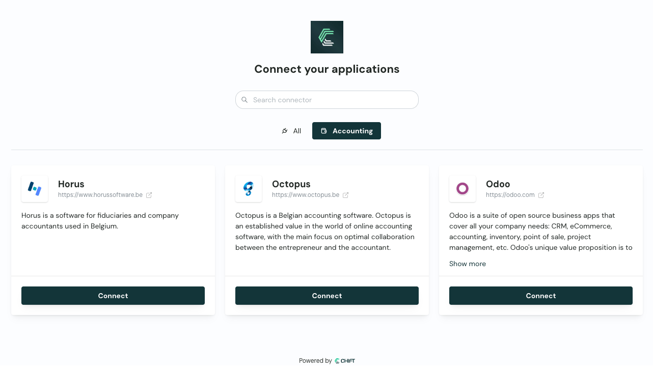 Connector picker on the Chift-hosted marketplace
