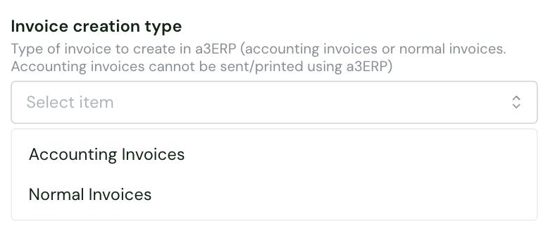 The Invoice creation type setting in the Chift connector settings, with its options Accounting Invoices and Normal Invoices