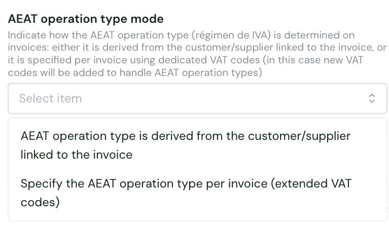 The AEAT operation type mode setting in the Chift connector settings, with its two options: derived from the customer or supplier, or specified per invoice with extended VAT codes