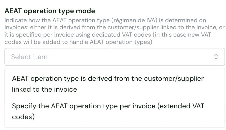 The AEAT operation type mode setting in the Chift connector settings, with its two options: derived from the customer or supplier, or specified per invoice with extended VAT codes