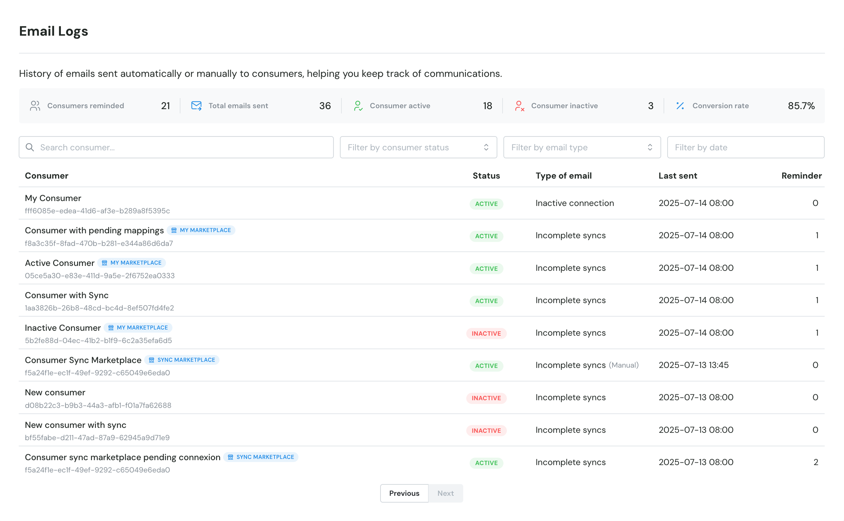 Preview of email logs