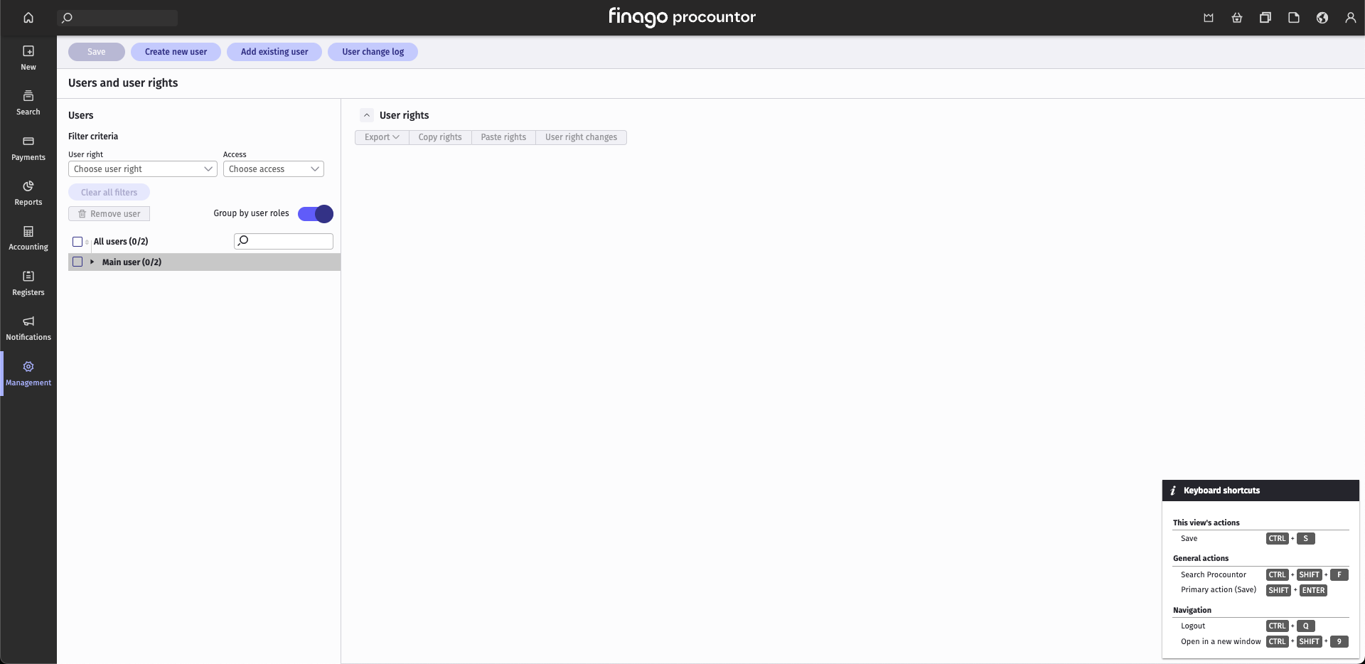 The Users and user rights page in Procountor, with the Create new user button at the top