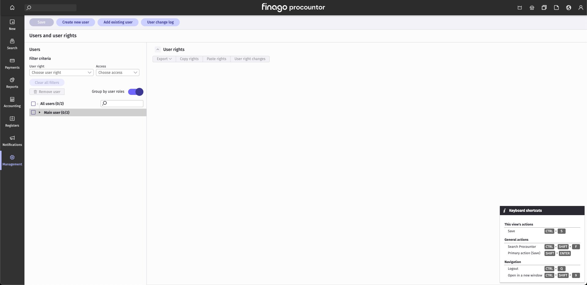 The Users and user rights page in Procountor, with the Create new user button at the top