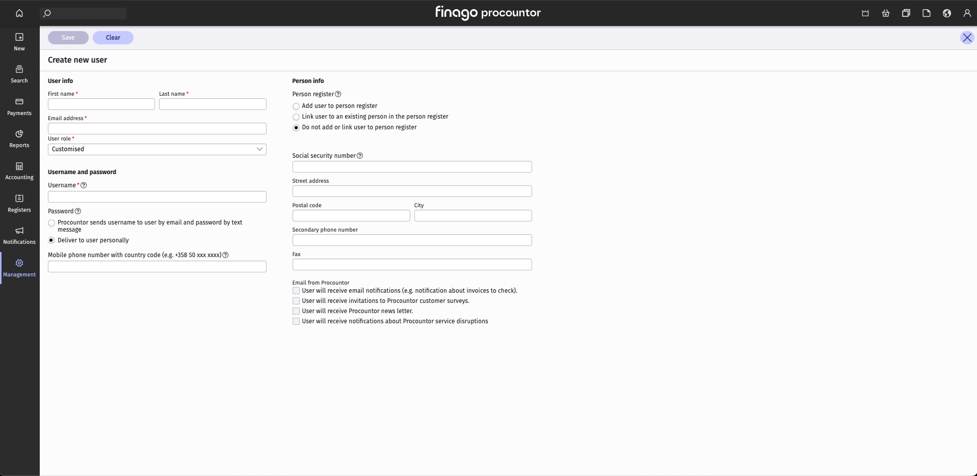 The Create new user form in Procountor, with Deliver to user personally selected under Password
