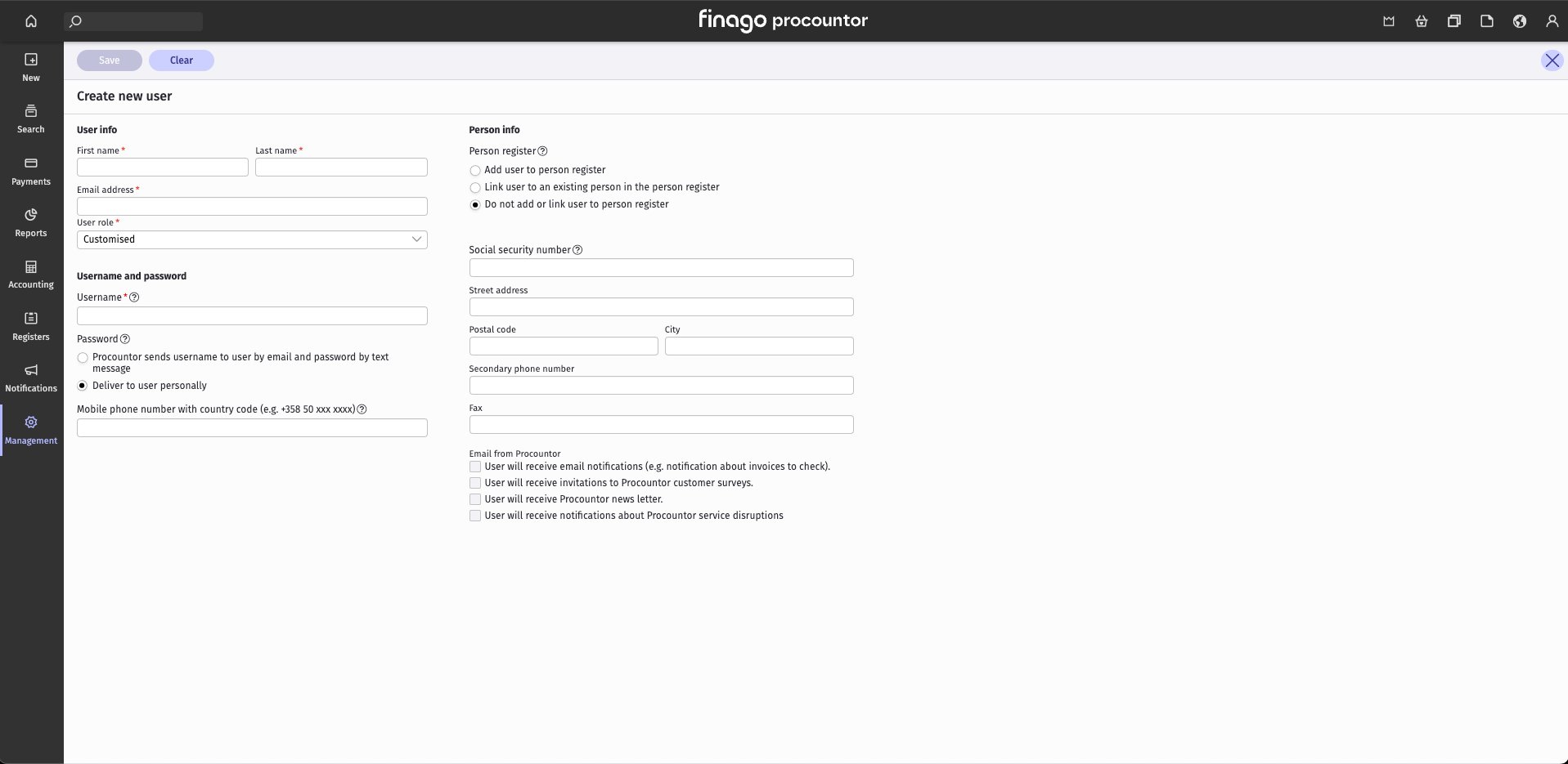 The Create new user form in Procountor, with Deliver to user personally selected under Password