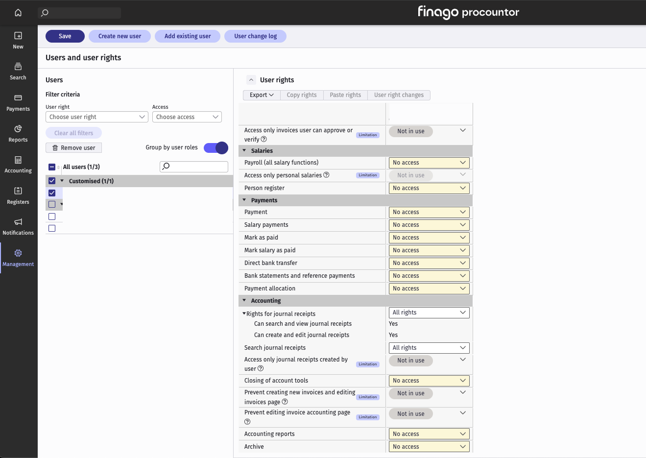 The user rights of the new user in Procountor, with All rights on Rights for journal receipts and Search journal receipts