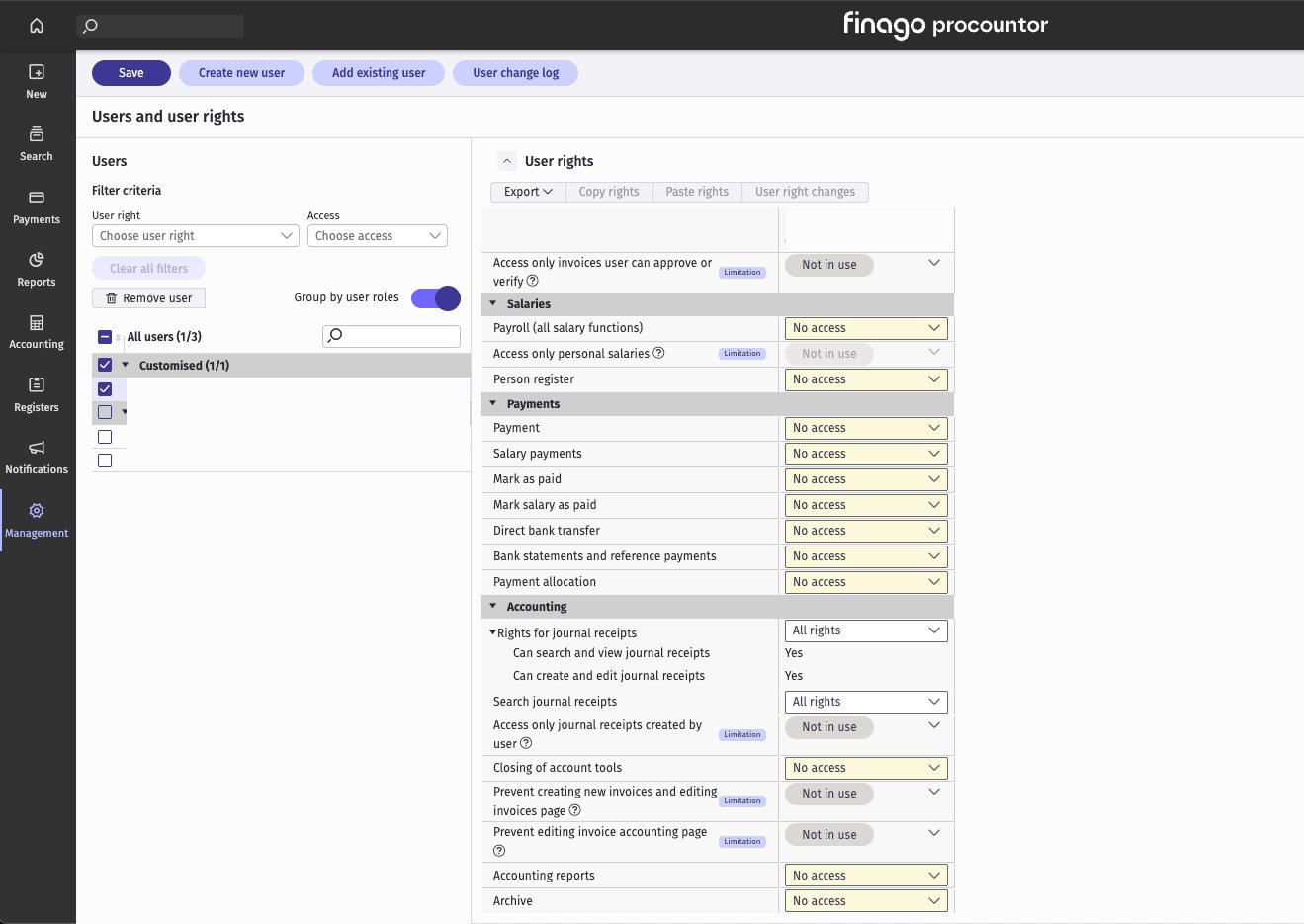 The user rights of the new user in Procountor, with All rights on Rights for journal receipts and Search journal receipts