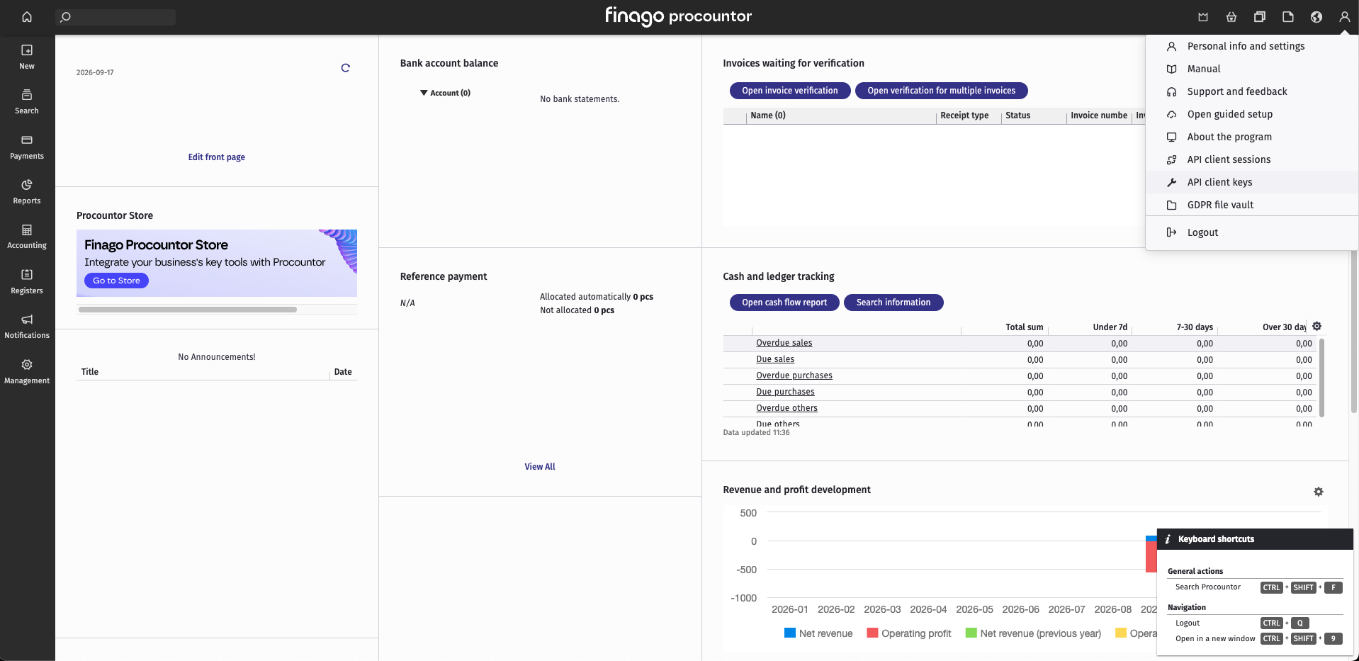 The Basics menu open at the top right of Procountor, with API client keys highlighted