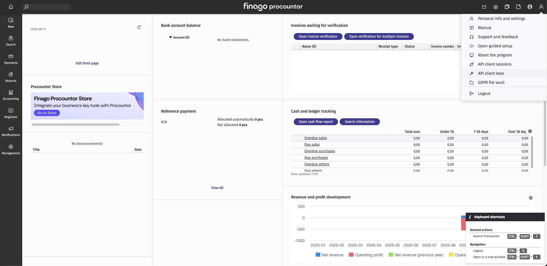 The Basics menu open at the top right of Procountor, with API client keys highlighted