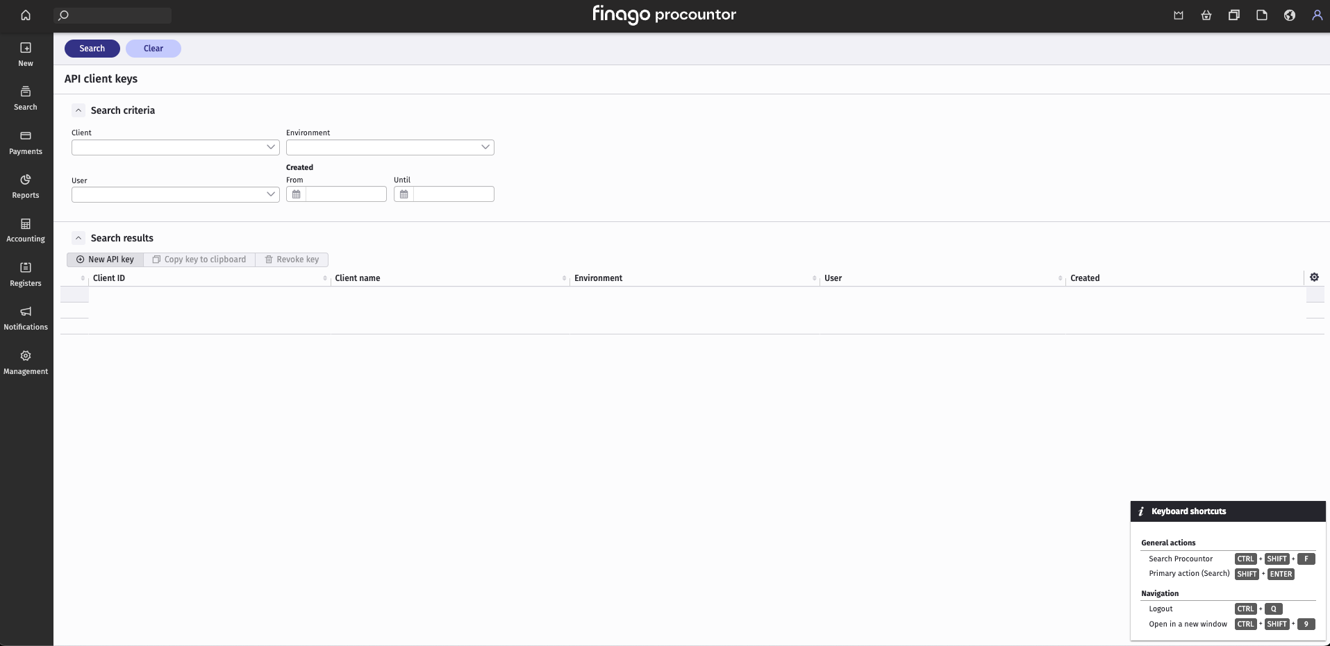 The API client keys page in Procountor, with the New API key button