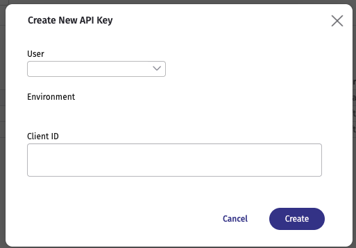 The Create New API Key dialog in Procountor, with the User, Environment and Client ID fields