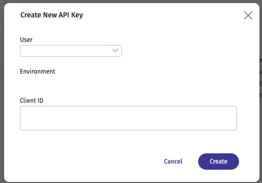 The Create New API Key dialog in Procountor, with the User, Environment and Client ID fields
