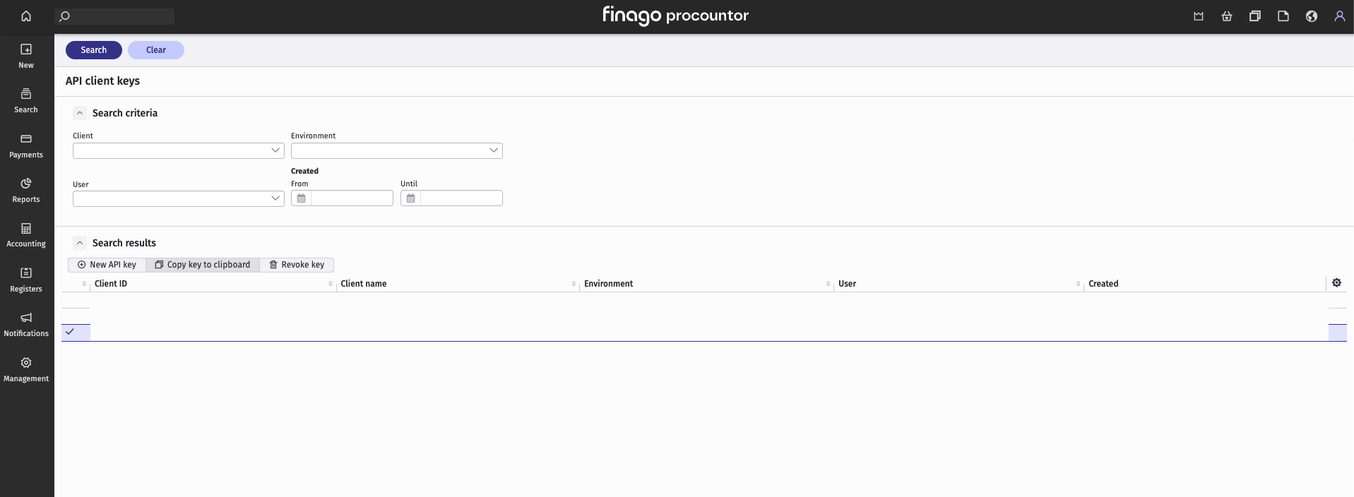 The API client keys list in Procountor, with a key selected and the Copy key to clipboard button