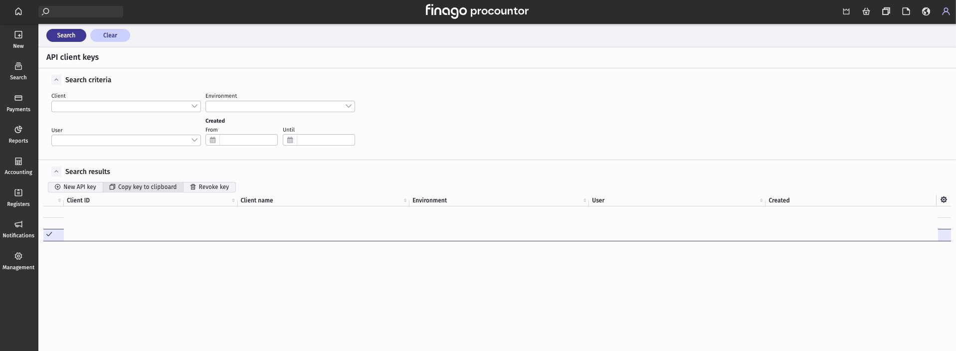The API client keys list in Procountor, with a key selected and the Copy key to clipboard button