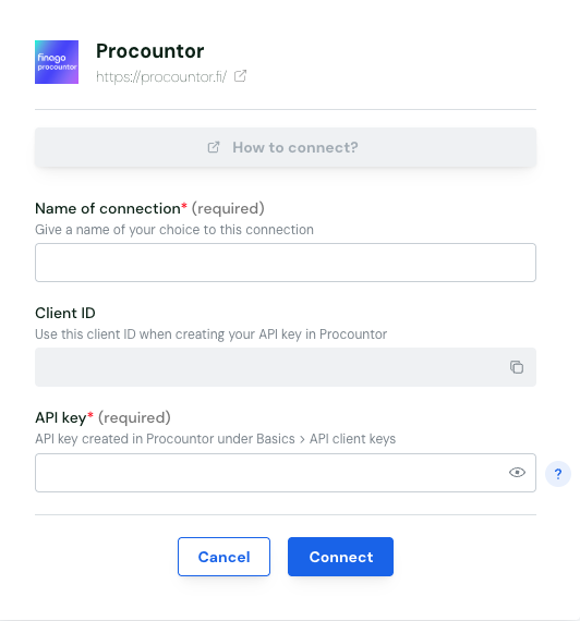 The Procountor connection form, with the Name of connection, Client ID and API key fields