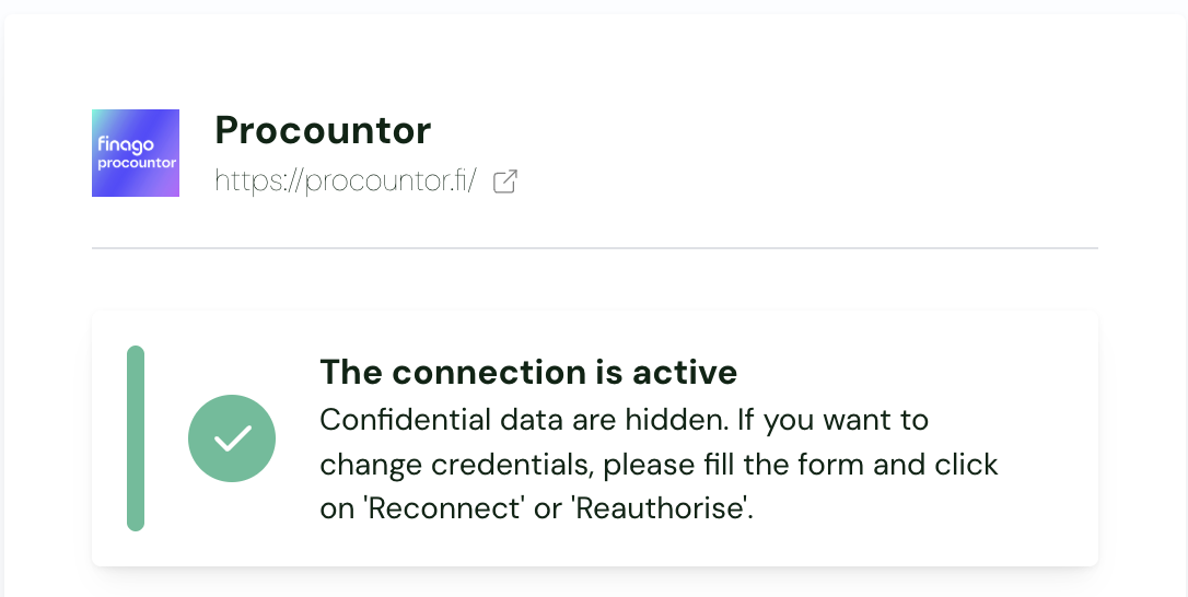 The confirmation that the Procountor connection is active