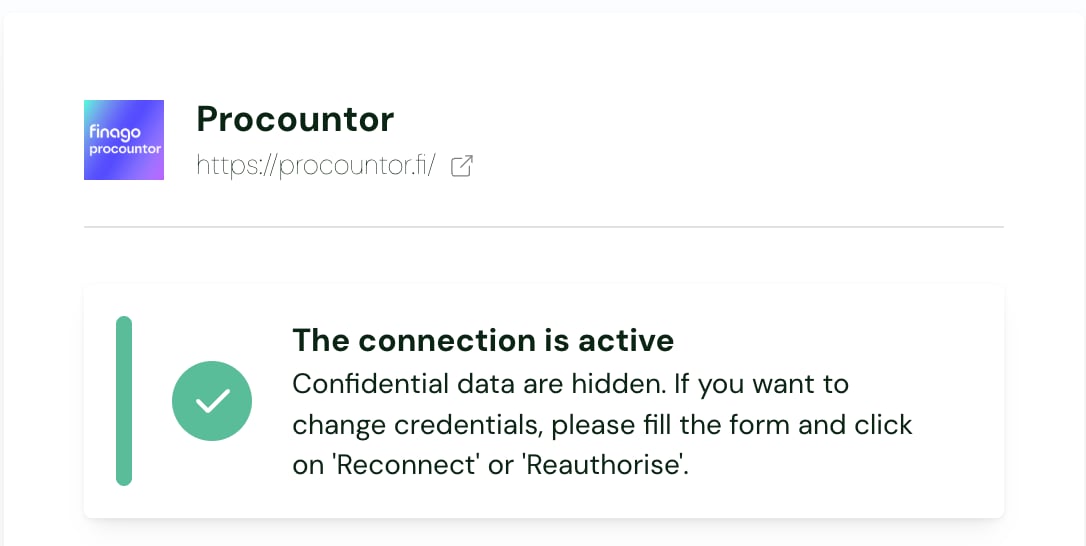 The confirmation that the Procountor connection is active