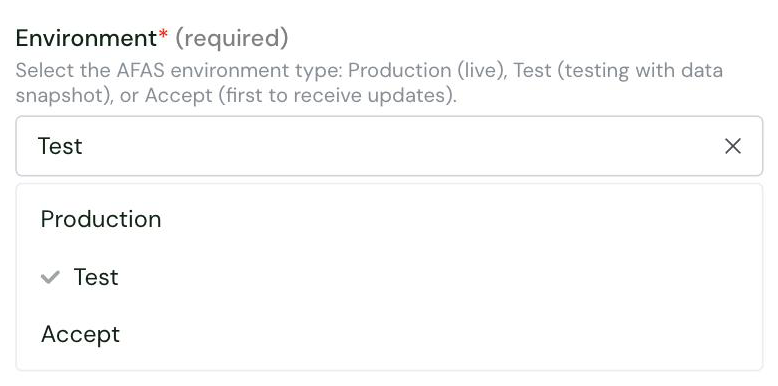 The Environment setting in the Chift AFAS connector settings, with its options Production, Test and Accept