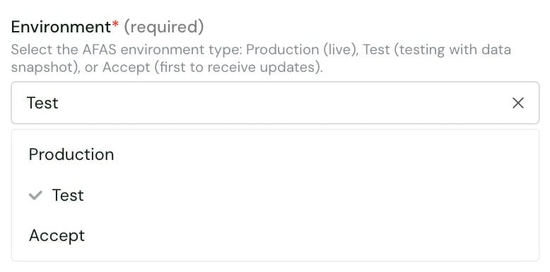 The Environment setting in the Chift AFAS connector settings, with its options Production, Test and Accept